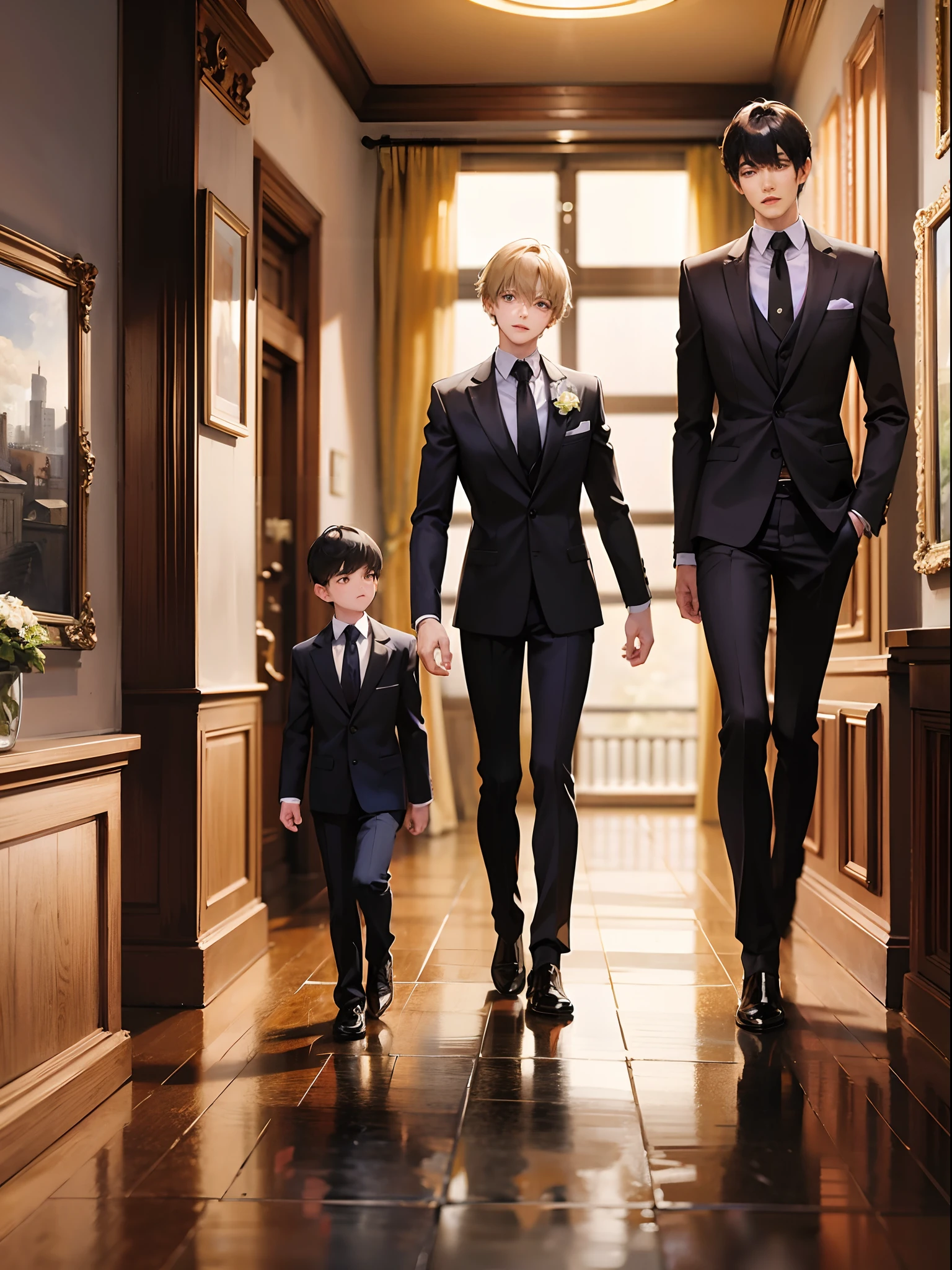 2 boys stand side by side wearing black suit