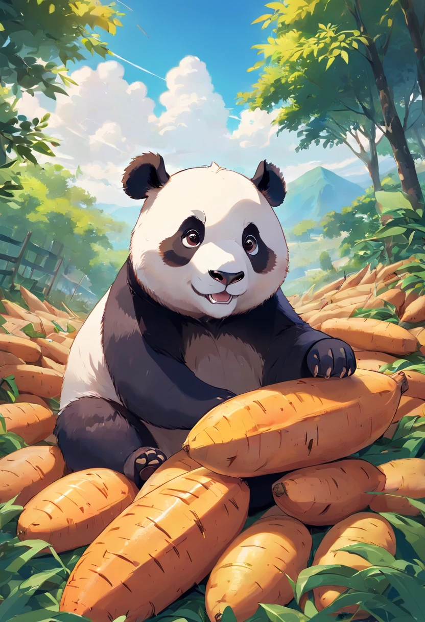 Fluffy Giant Panda，Extremely cute，sweet potato、Pile of sweet potatoes、Abundant fruiting farm，Ultimate HD image quality