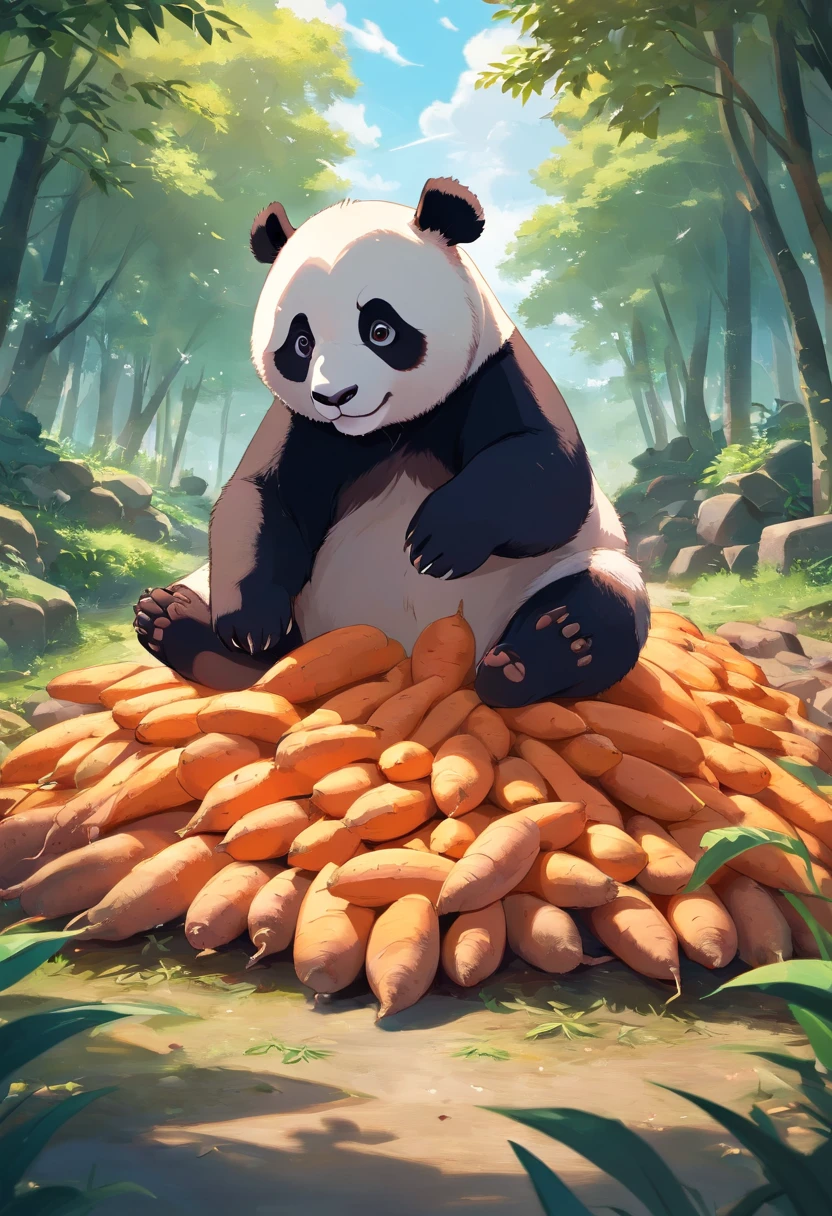 Fluffy Giant Panda,Extremely cute,sweet potato、Pile of sweet potatoes、Abundant fruiting farm,Ultimate HD image quality