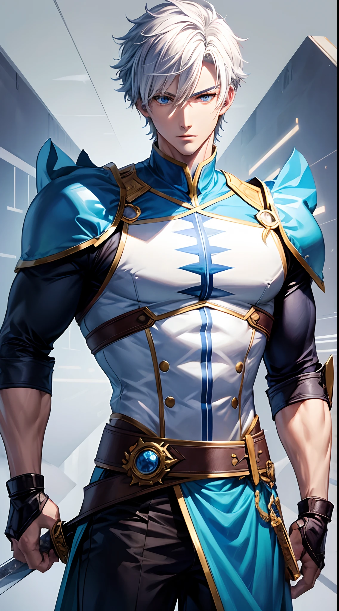 Cover magazine. Anime. Handsome Swordman with short white hair and blue eyes. His body is quite muscular. He was very handsome. Cool. Man. Solo. Blue style. Upper body. Half body potrait.