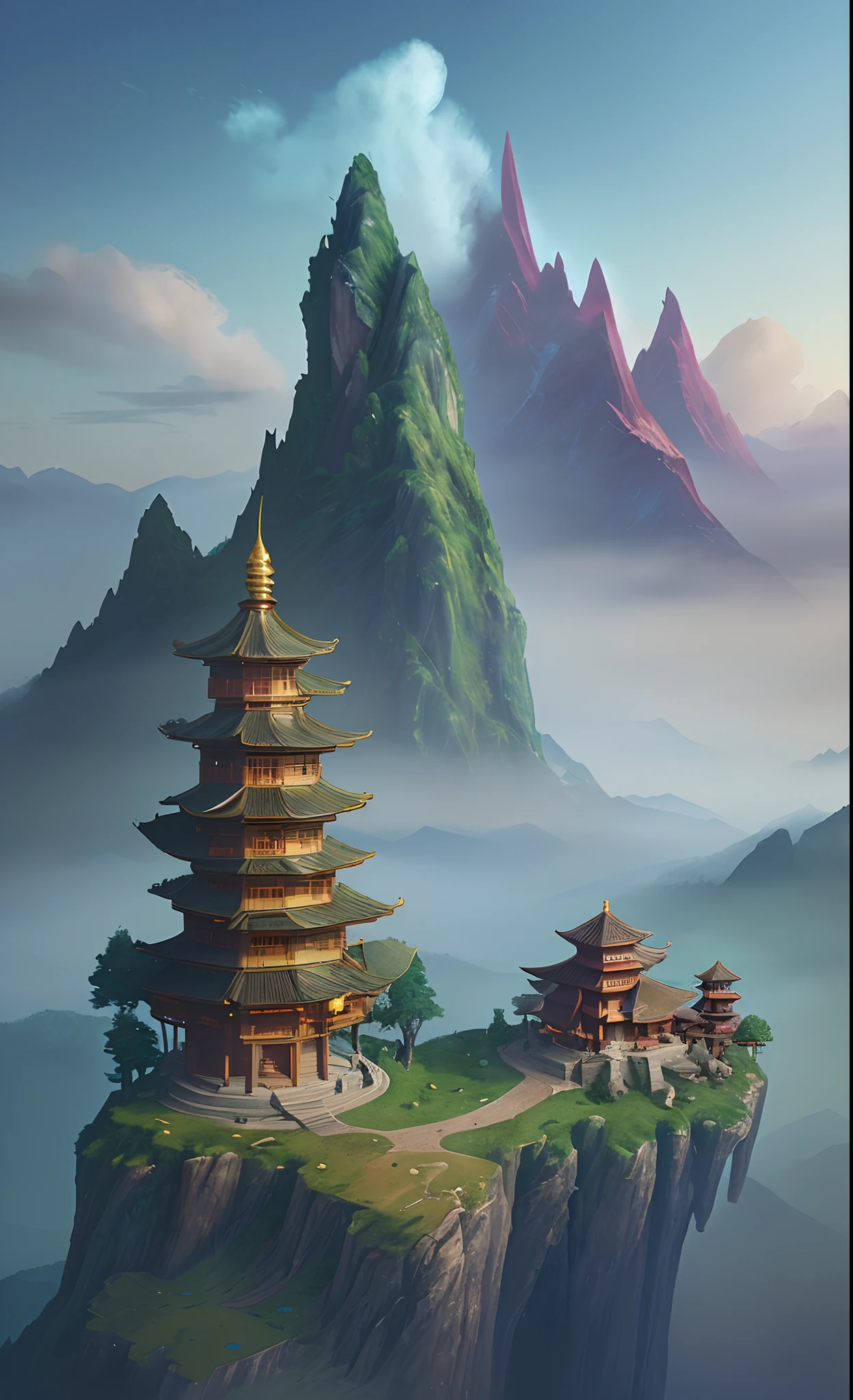 Highest quality, high resolution, 32k,a digital painting of a landscape with mountains and trees in the background and a sky with clouds and a pagoda, Anton Fadeev, league of legends concept art, a detailed matte painting, fantasy art.