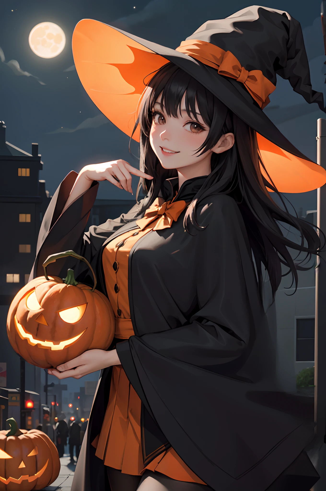 1lady solo, riding on big broom, /(witch costume hat/) /(black capelet/), /(black hair/) bangs, blush kind smile, (masterpiece best quality:1.3) delicate illustration ultra-detailed , large breasts BREAK /(streets of Shibuya/) outdoors, jack-o'-lantern Halloween parade, crowded audience, night /(small orange moon/)