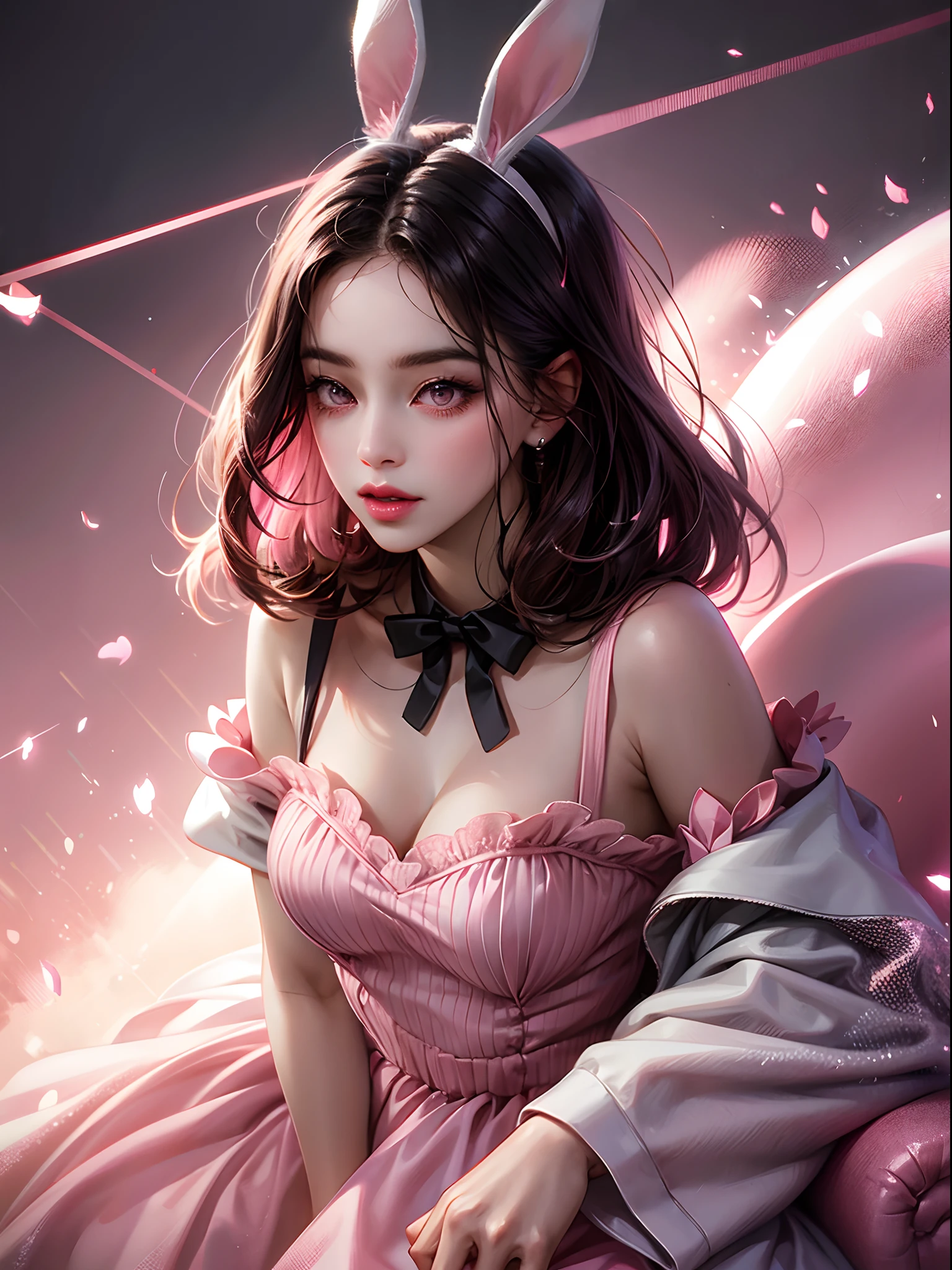 a women, pink bunny ears, black hair, pink eyes, pink dress