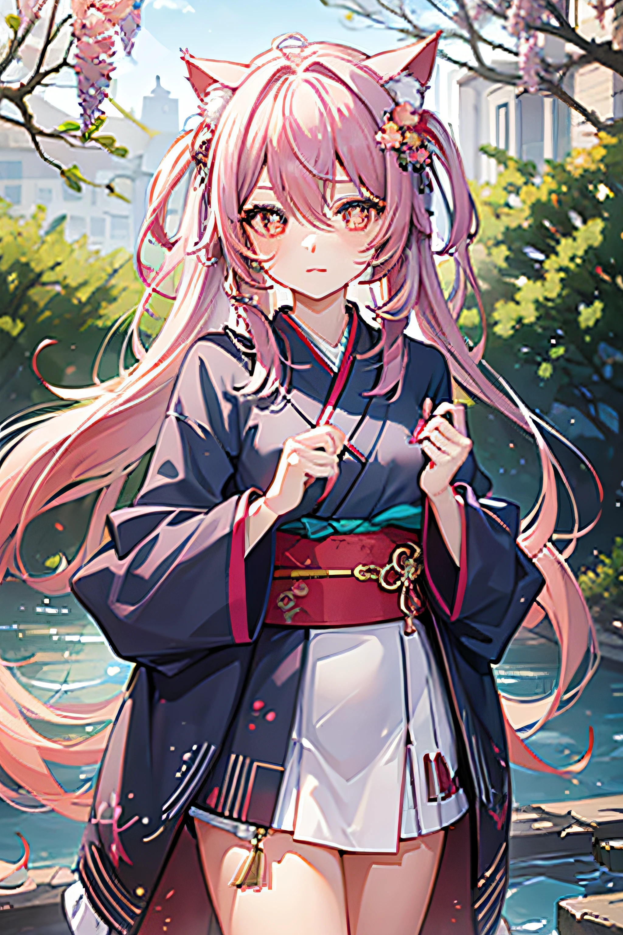 1girl, solo, cute girl with pink hair,wisteria flower background, soft natural light, cat ears, wearing kimono red eye