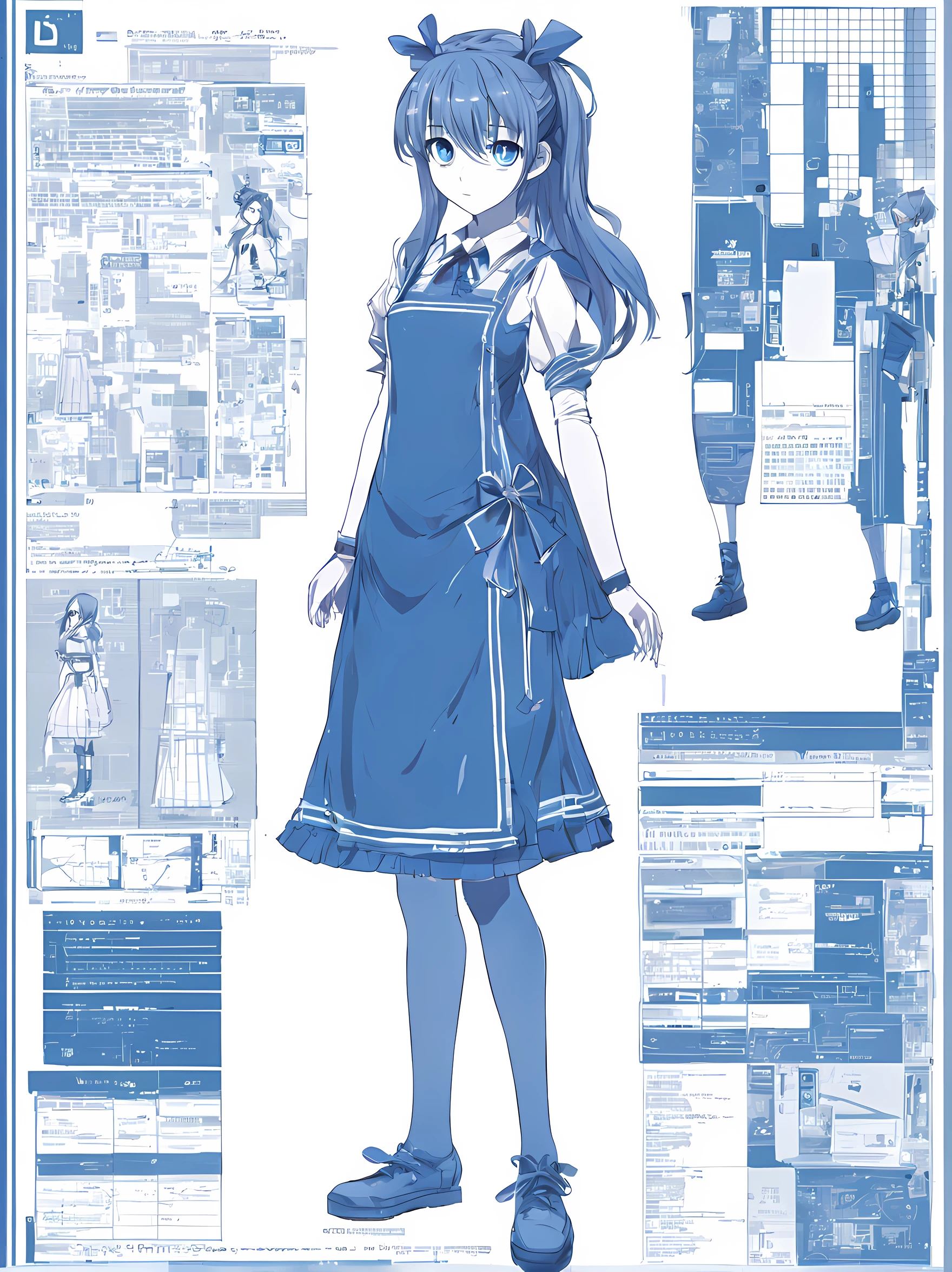 concept art of , bl3uprint, a highly detailed blueprint of a anime girl full-length, wearing a dress, long socks and flat shoes.