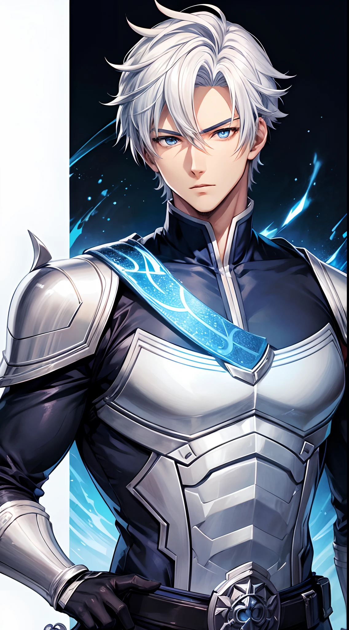 Cover magazine. Anime. Handsome Swordman with short white hair and blue eyes. His body is quite muscular. He was very handsome. Cool. Man. Solo. Blue style. Upper body. Half body potrait.