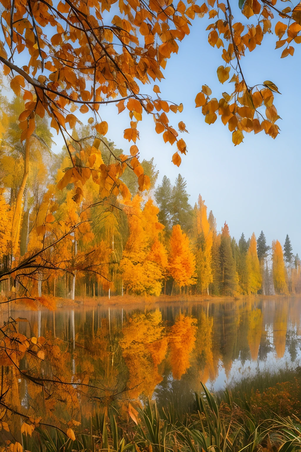 trees are reflected in the water of a lake in the fall, golden autumn, during autumn, autumn tranquility, beginning of autumn, autum, autumn colors, shades of gold display naturally, beautiful forests and trees, in the autumn, autumn season, beautiful image, golden colors, autumn! colors, autumn foliage in the foreground, forest with lake, autumn forest, northern finland