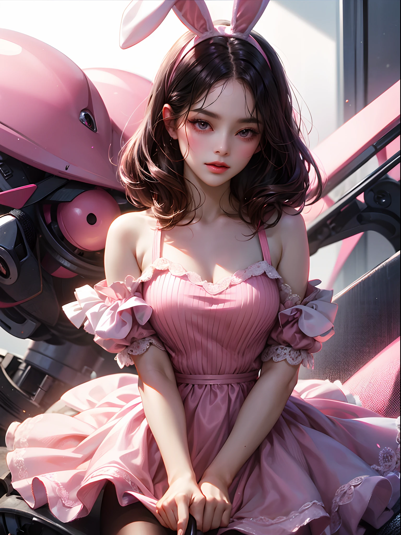 a women, pink bunny ears, black hair, pink eyes, pink dress