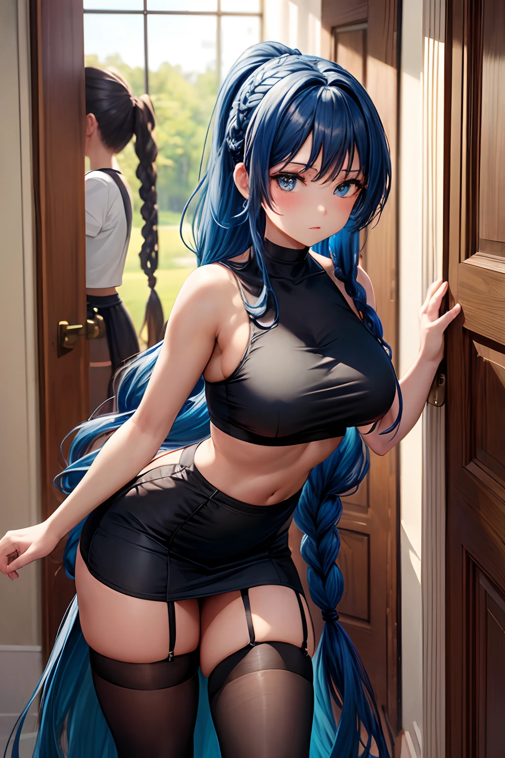 Masterpiece, best quality, portrait of 1girl, tan girl with long blue hair in a braided ponytail, curvaceous, medium breast, wearing black crop top and min dress, long black thigh high stocking, standing in front of doorway