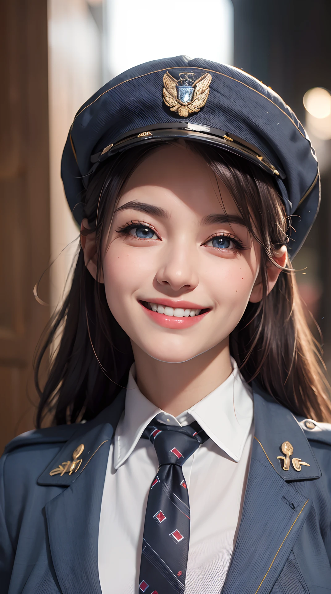 (best quality,4k,8k,highres,masterpiece:1.2), ultra-detailed, (realistic,photorealistic,photo-realistic:1.37), (beautiful detailed eyes, beautiful detailed lips, extremely detailed eyes and face), studio lighting, physically-based rendering,vivid colors, (big tits, super big tits, super extra big tits:0.8), (pilot's uniform, tie, shirt, hat, watch:1.5), (soft lighting:0.8), (portrait, smile and laugh:1.5),