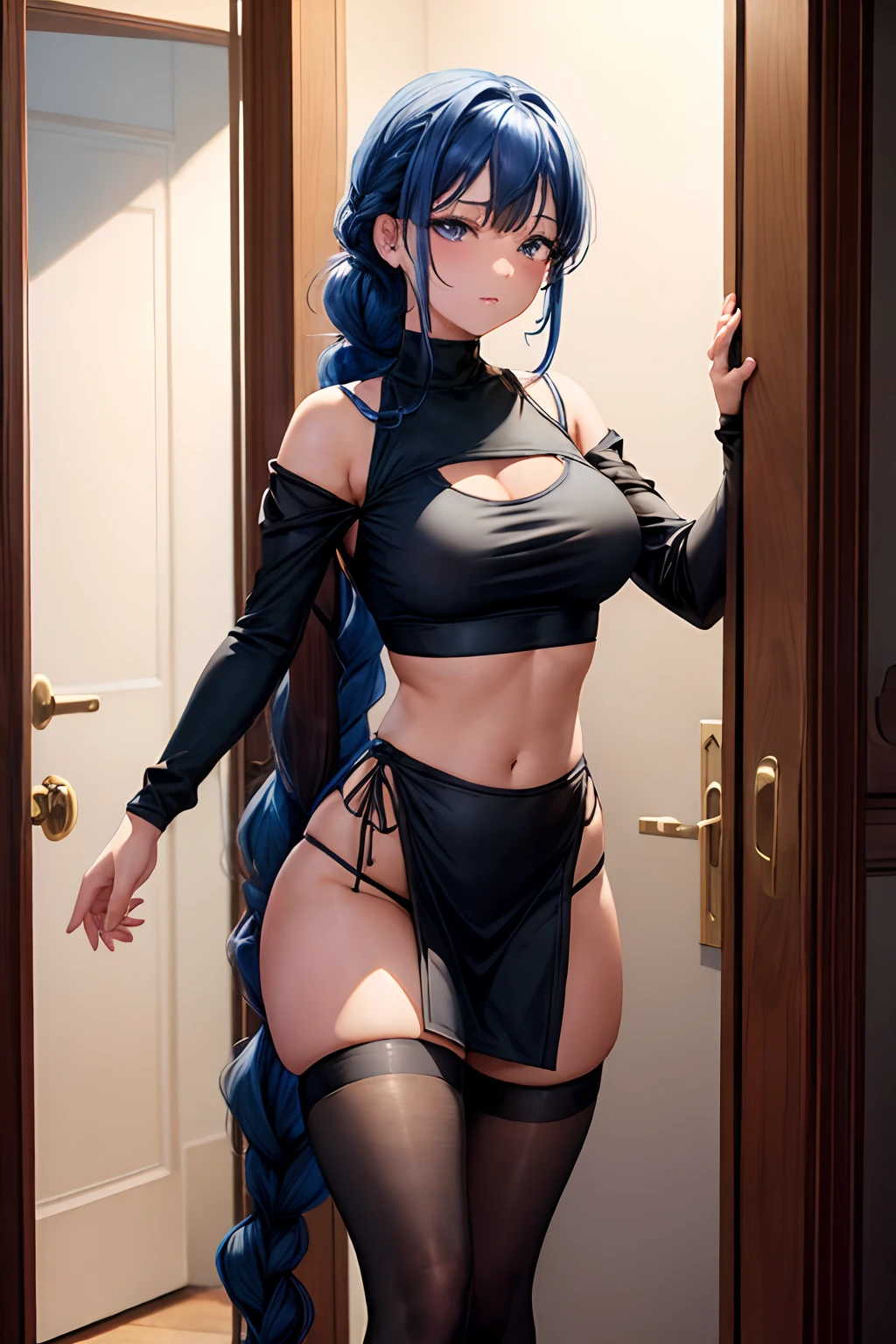 Masterpiece, best quality, portrait of 1girl, tan girl with long blue hair in a braided ponytail, curvaceous, medium breast, wearing black crop top and min dress, long black thigh high stocking, standing in front of doorway hugging a man