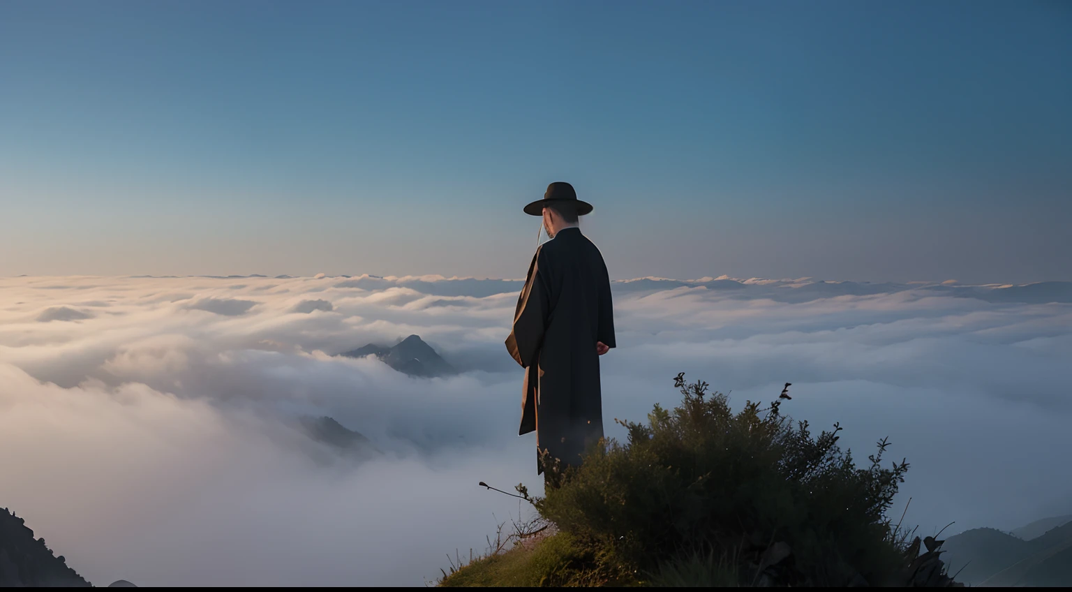 A Taoist priest,Standing on the top of a misty mountain with his back to him,looking at the distance,Flutterish