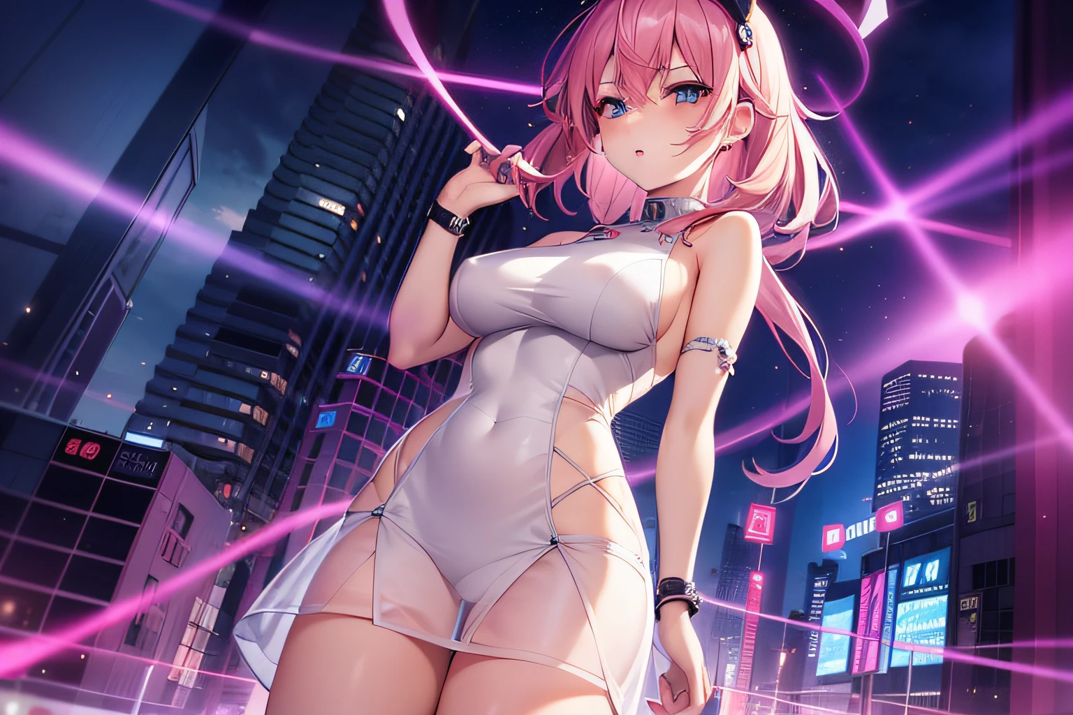 girl with transparent dress in a city at night, pink hair, oppai cyberpunk, detailed face looking at camera, blue eyes, see all the girl cyberpunk anime, full body view, 8k, super detail, Precise, Best quality