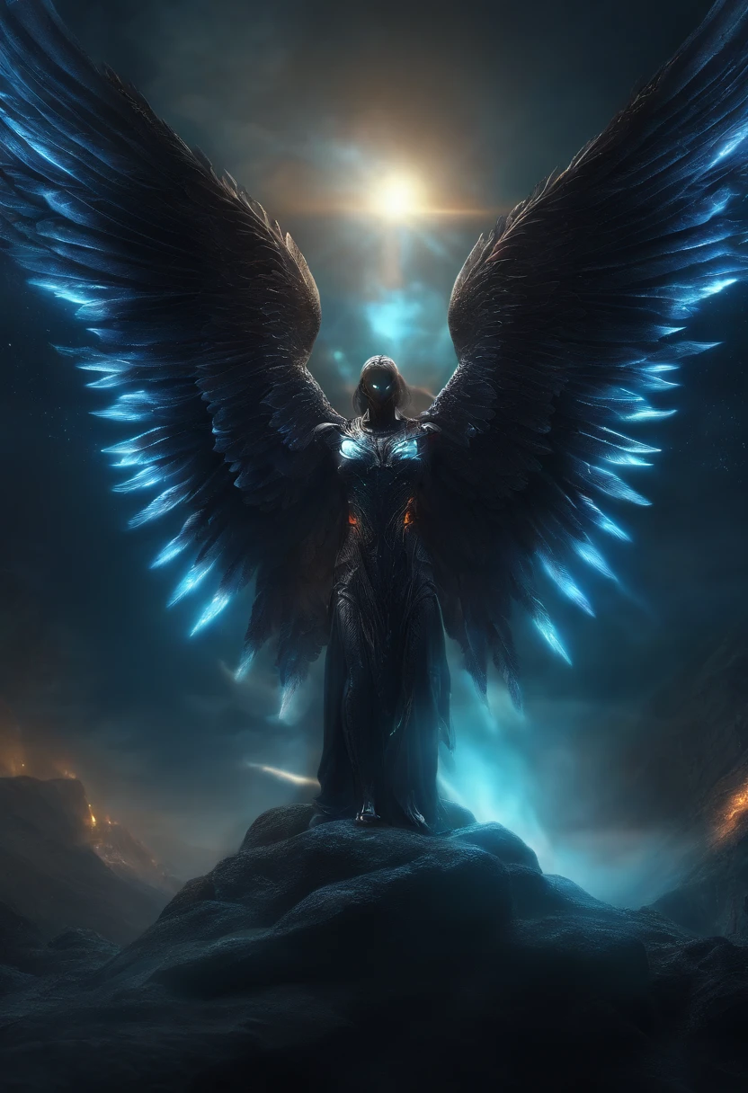 Cosmic Fallen Angel, glowing light eyes, Biomechanical, eerie, Creepy, nightmarish, Very bright colors, Light particles, with light glowing, Mshiv, wallpaper art, UHD wallpaper