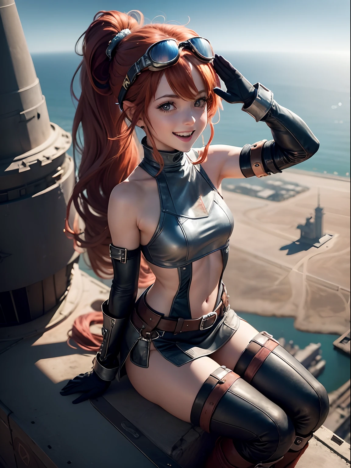 One girl, Lindsey Stirling, flying on huge missile, sitting on huge missile, centred against empty sky background, dramatic lighting, land and sea far below, laughing out loud, saluting, saluting, saluting, other arm outstretched, cheerful face, joyous, long red hair tied up in ponytail, blue eyes, wearing antique leather flying helmet and goggles, silvery chrome miniskirt, silvery chrome halter top, silvery chrome boots, petite figure, tiny breasts, very small breasts, edges picked out