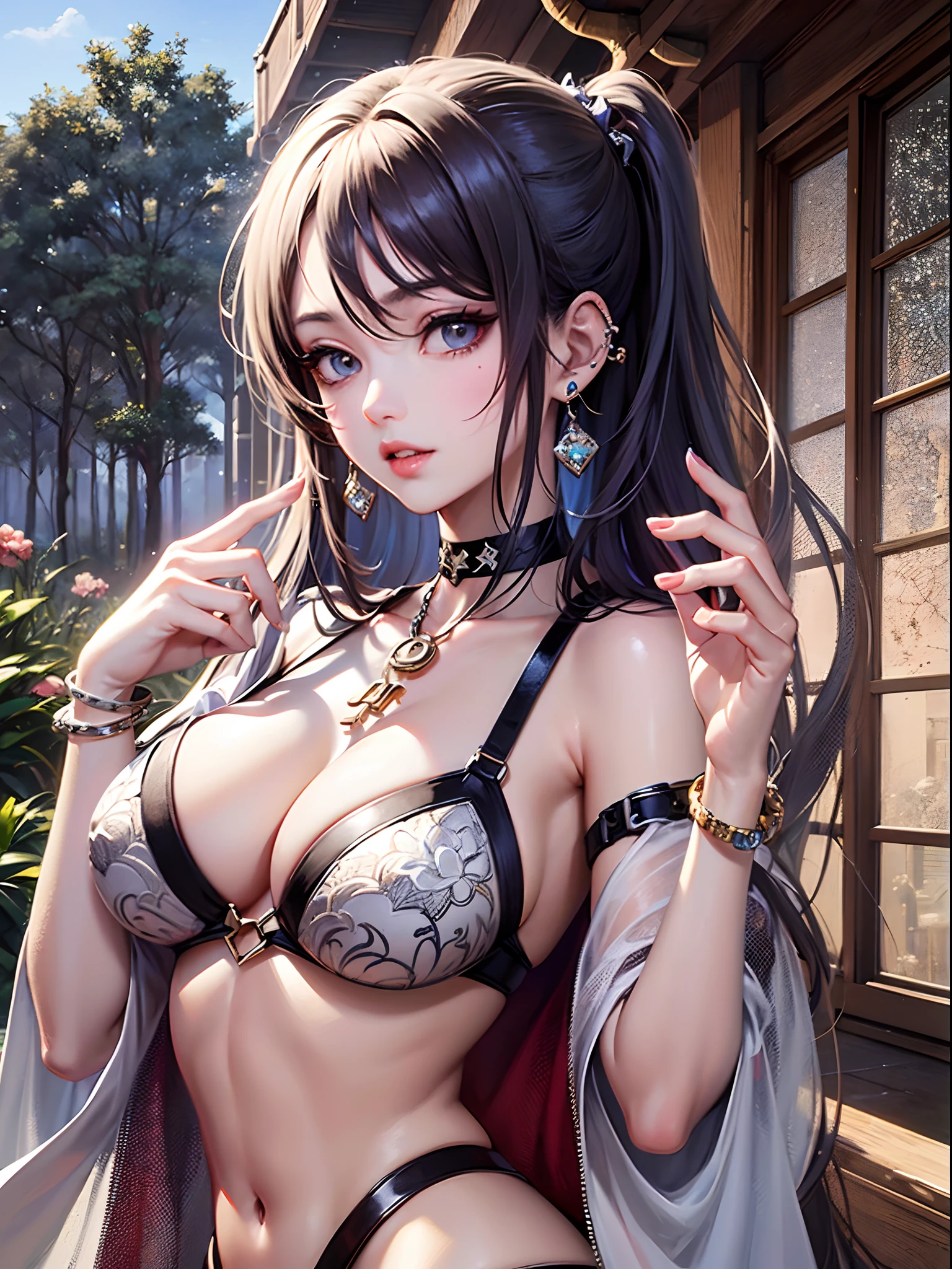 (Finest quality)),(超A high resolution),(ultra-detailliert),(Meticulous portrayal),((Best Anime)),(Finest works of art),sharpnes,Clair,Ultra-precise art,The Art of Phenomenal Depictions, ((Seductive fashion)),a choker,Chain Accessories,piercings