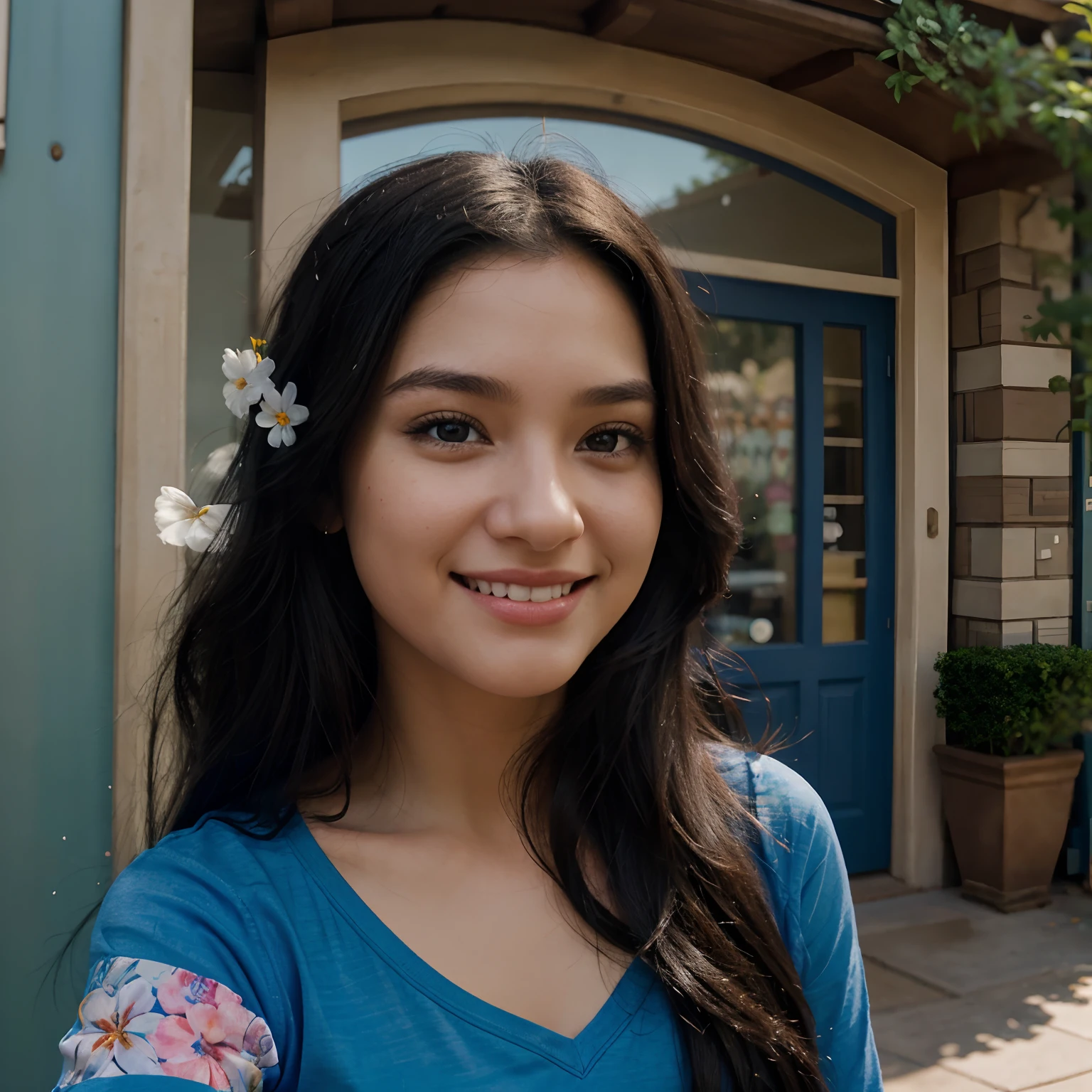 Disney pixar poster, a girl with black long hair wear blue shirt took selfie to the camera with smile and flower in left ear