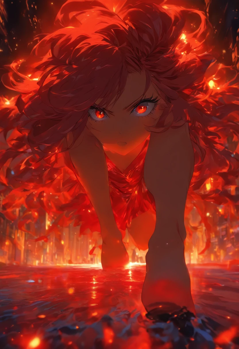 Girl,red hair, red eyes , showing feet