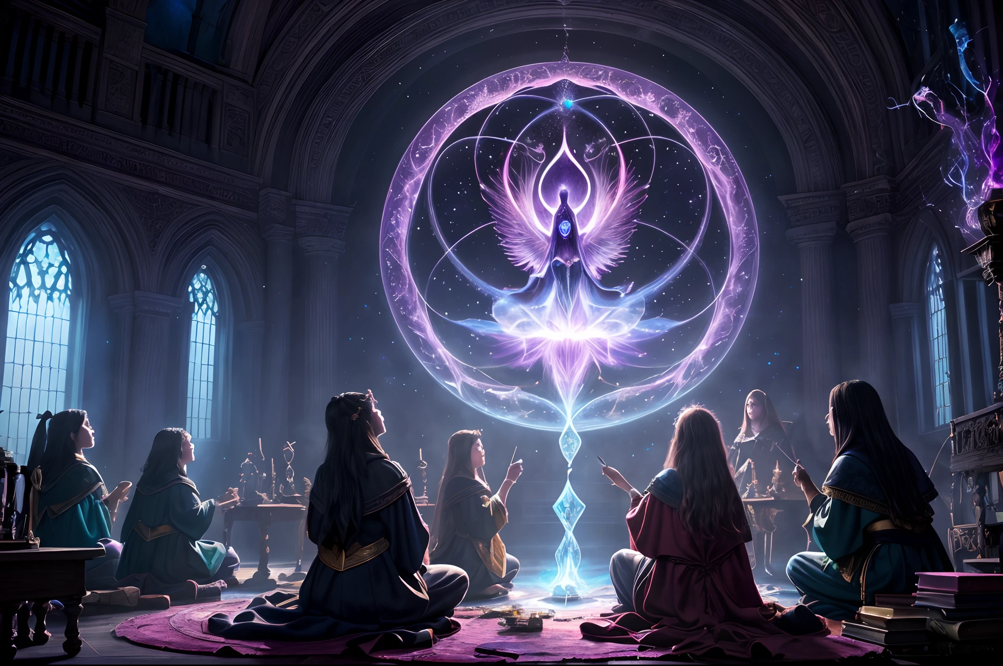 A magic class, a teacher in the background, students practicing magic spells, a colorful magic aura, glowing wands, smoke and fog enveloping the room, magic books and scrolls, flickering candles, glowing crystals and potions, an old wizard's robe, gestures casting spells and enchantments. Arcane symbols and seals engraved on the walls, mysterious and enchanting atmosphere, vibrant and dynamic energy, captivated expressions on students' faces, awe and wonder in their eyes, hands-on demonstrations and experiments, interactive and engaging teaching style, energy vortex magical. in the center of the room, whispers of ancient spells echoing in the air, illustrated diagrams and diagrams on the blackboard, familiar and magical creatures watching the class, lively and lively discussions, sparkling stardust scattered around the classroom, hidden secrets and potentials untapped, transformation and metamorphosis, pursuit of knowledge and wisdom in the realm of magic, unleashing the power of imagination. (best quality, 4k, 8k, high resolution, masterpiece: 1.2), ultra-detailed, (realistic, photorealistic, photorealistic: 1.37), HDR, UHD, studio lighting, ultra-fine photography, sharp focus, physics-based rendering Detailed Description extreme, professional, vivid colors, bokeh, portraits, landscapes, horror, anime, science fiction, photography, concept artists, bright and fantastic colors, soft and ethereal palette, subtle and dramatic lighting effects, bright and radiant atmosphere.