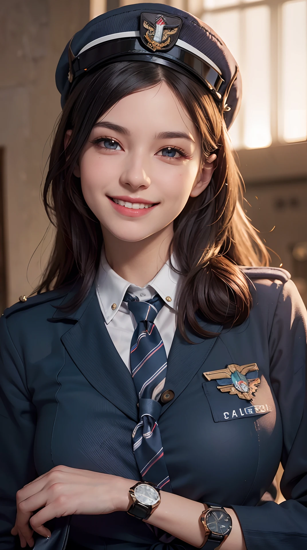 (best quality,4k,8k,highres,masterpiece:1.2), ultra-detailed, (realistic,photorealistic,photo-realistic:1.37), (beautiful detailed eyes, beautiful detailed lips, extremely detailed eyes and face), studio lighting, physically-based rendering,vivid colors, (big tits, super big tits, super extra big tits:0.8), (pilot's uniform, tie, shirt, hat, watch:1.5), (soft lighting:0.8), (portrait, smile and laugh:1.5),