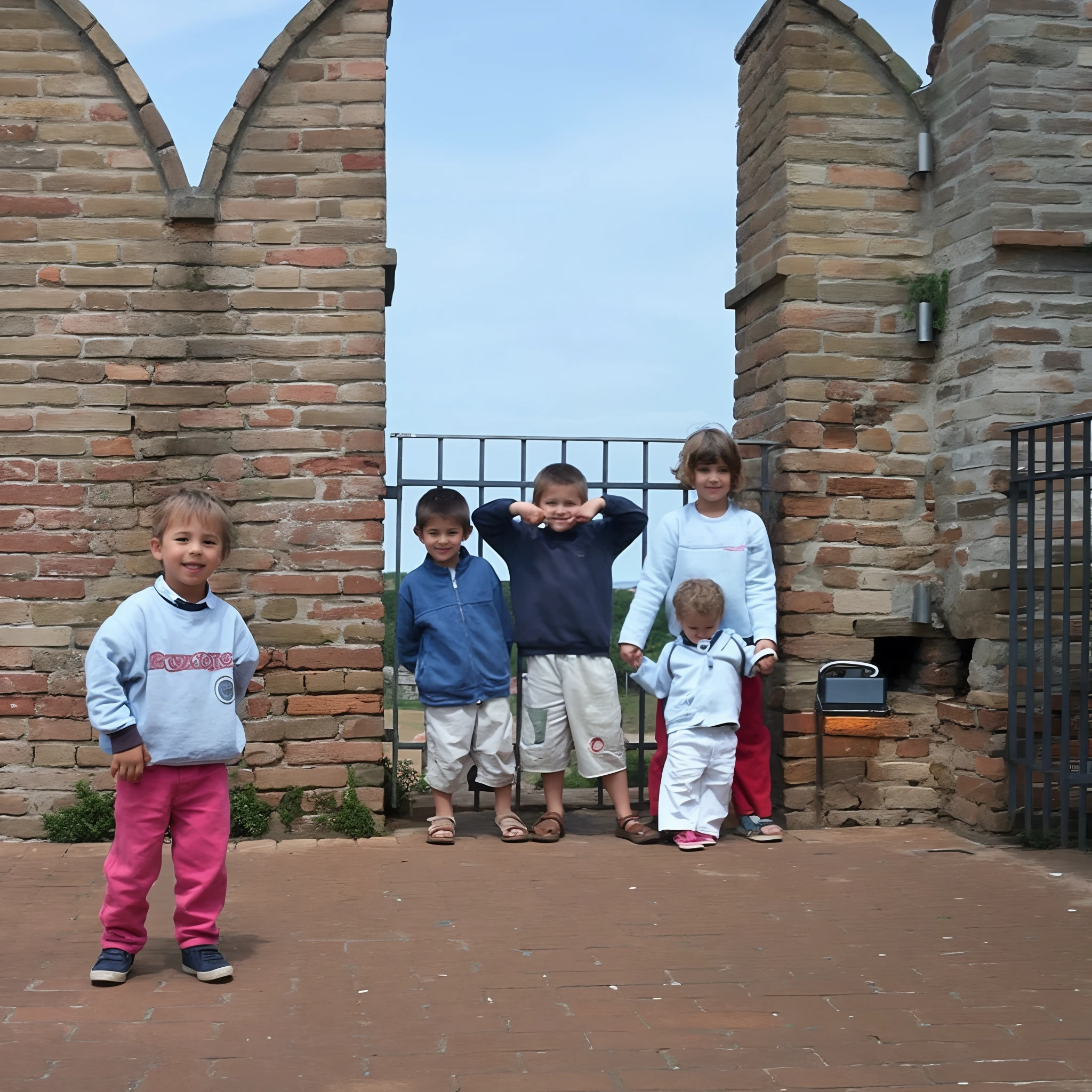 there are four children standing in front of a brick wall, children, torri gate