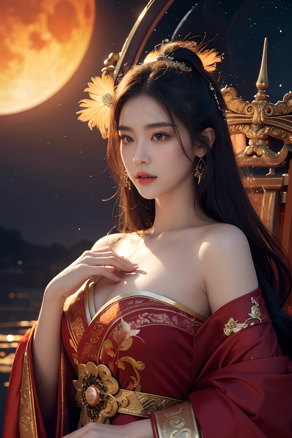 (Best quality,4K,8K,A high resolution,Masterpiece:1.2), Ultra-detailed, Realistic, Chinese nine-tailed fox, (Beautiful detailed eyes,beautiful detailed lips,Extremely detailed eyes and face,long eyelasher), Red Moon, Movie poster, rituals, mistic, Ancient, Folklore, Ethereal, traditionalcostumes, Flowing silk, Graceful, Enchanting, Moonlit Night, reverence, Supernatural, mythological creatures, Divine, Spiritual, magical, Oriental, Vibrant colors, Surreal lighting,9 white fox tails