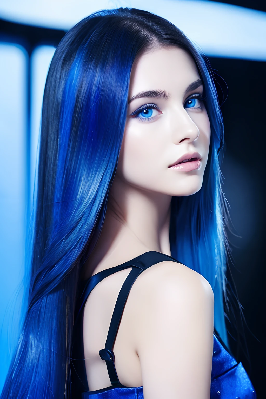 Real Women、Face Barbara Palvin、Blue hair、Blue eyes、Longhaire、Wings on the back、Black background。