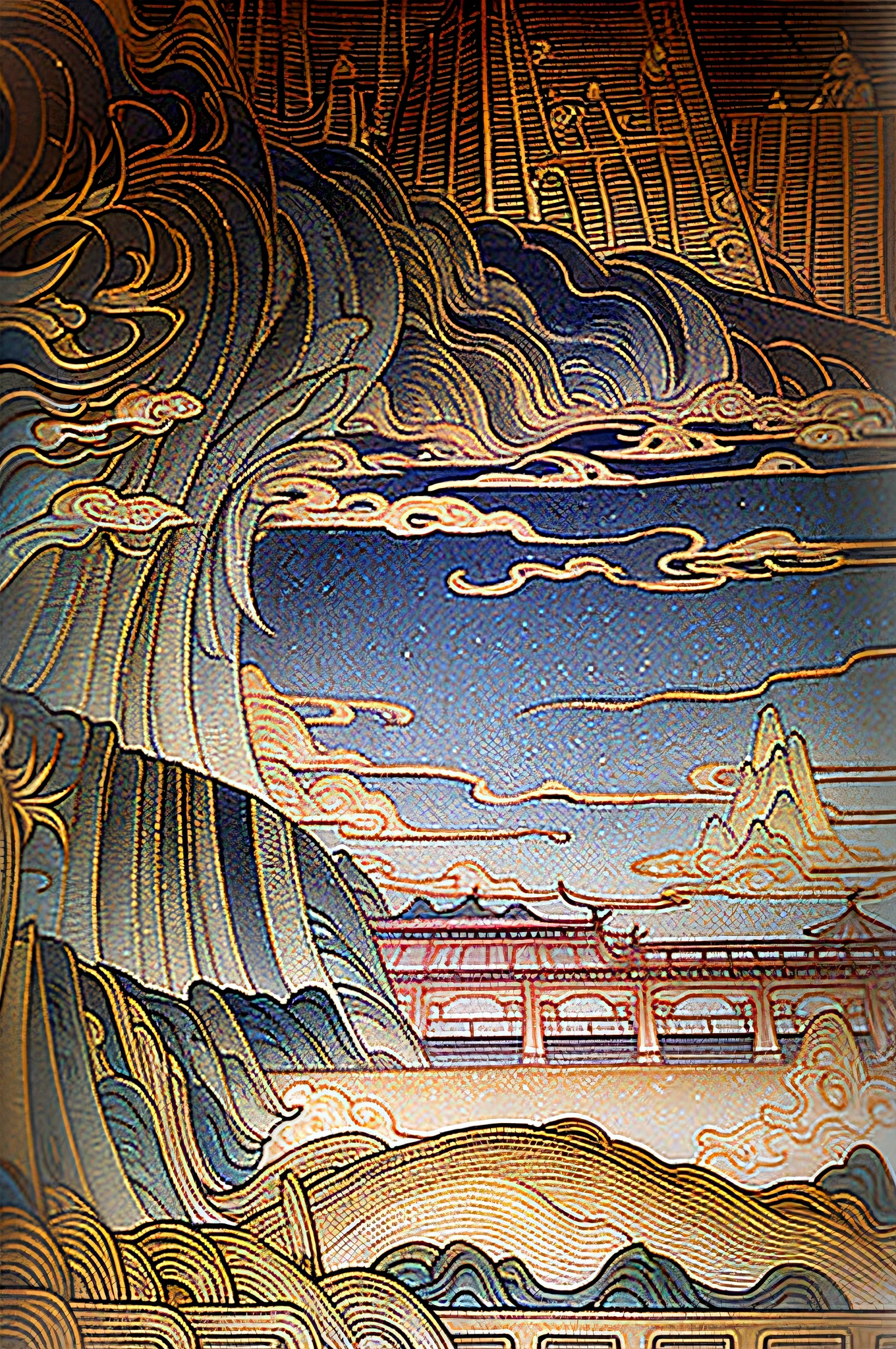 An ancient Chinese painting, ancient Chinese background, mountains, rivers, auspicious clouds, pavilions, sunshine, masterpieces, super detail, epic composition, ultra HD, high quality, extremely detailed, official art, unified 8k wallpaper, Super detail, 32k -- v 6