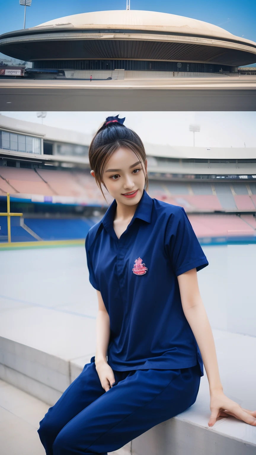 (bestquality,10,10,highres,masterpiece:1.2),ultra-detail,(Realistic,photorealistic portrait,photo-realistic:1.37),1 Cute girl in the football field,oily shiny skin,bara,light smile,BDclothes,((blue shirt:1.3)),short sleeves,shirt, trousers.,(navy_long_Pants Track:1.1), ((Stadium Background:1.3)),dynamic angle,excited,face focus,Dynamic Poses,from behide,Ass Focus,masterpiece, bestquality, ultra realistic, hyper-detail, 8k resolution, RAW photo, crisp focus, ((Navy blue shirt:1.1)), short sleeves, Long Path, Perfect body, 2 mature women, 18yo, cinematic light,Blue sweatpants,Gymware,Correct anatomy,Complete body, Correct body, sharp face, Anatomically correct body, full entire body, Realistic gestures, long-haired, Realistic poses,Wear long shorts..................,Long leg span,Shapely,Sculpting Girl, Slender Figure, mannequin mannequins, Shapely, Beautiful body,Blue sweatpants,Sit on your side.,On my side....,Seated