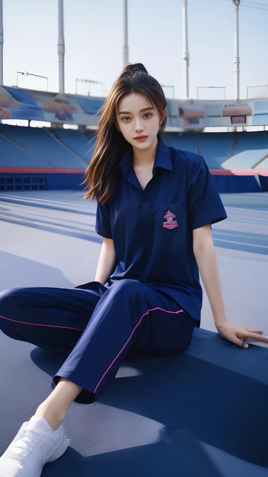 (bestquality,10,10,highres,masterpiece:1.2),ultra-detail,(Realistic,photorealistic portrait,photo-realistic:1.37),1 cute girl sitting on the football field,oily shiny skin,bara,light smile,BDclothes,((blue shirt:1.3)),short sleeves,shirt, trousers.,(navy_long_Pants Track:1.1), ((Stadium Background:1.3)),dynamic angle,excited,face focus,Dynamic Poses,from behide,Ass Focus,masterpiece, bestquality, ultra realistic, hyper-detail, 8k resolution, RAW photo, crisp focus, ((Navy blue shirt:1.1)), short sleeves, Long Path, Perfect body, 2 mature women, 18yo, cinematic light,Blue sweatpants,Gymware,Correct anatomy,Complete body, Correct body, sharp face, Anatomically correct body, full entire body, Realistic gestures, long-haired, Realistic poses,Wear long shorts.................,Long leg span,Shapely,Sculpting Girl, Slender Figure, mannequin mannequins, Shapely, Beautiful body,Blue sweatpants,Seated