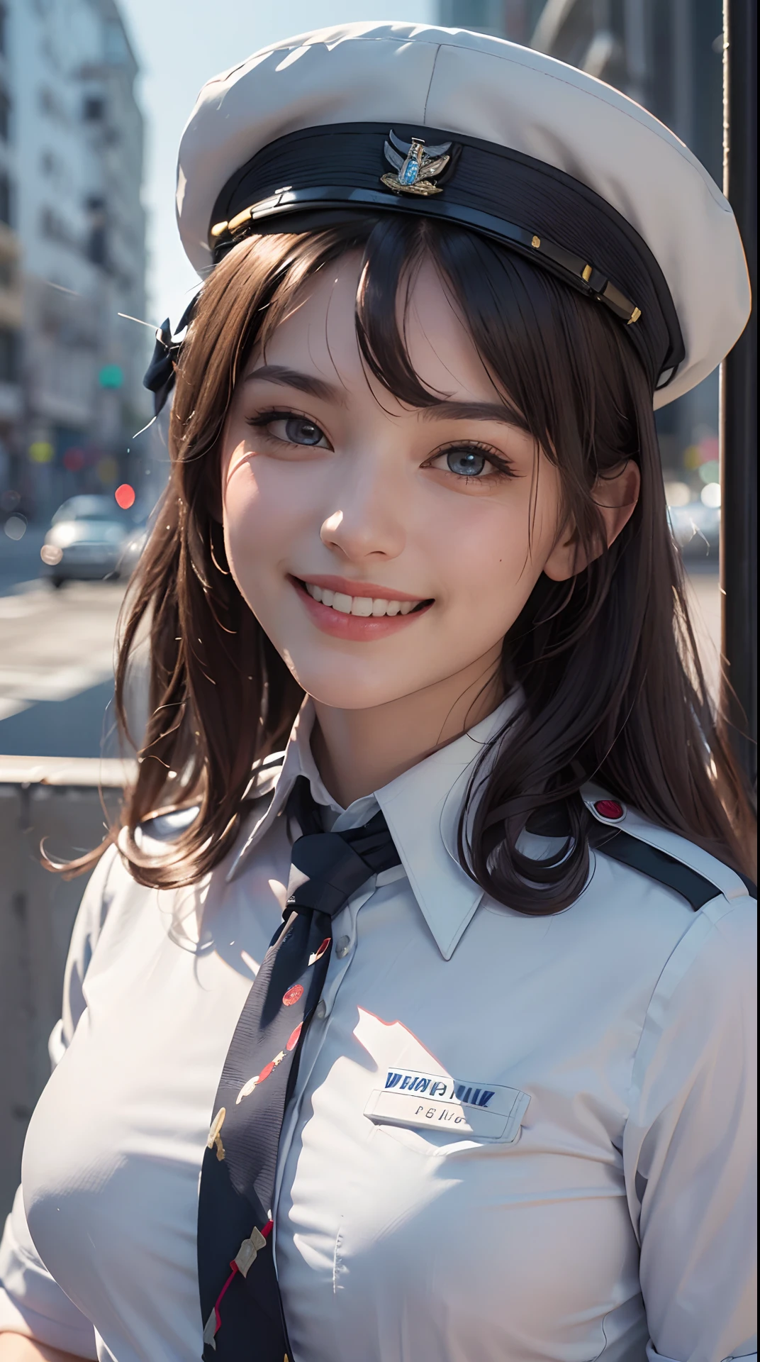 (best quality,4k,8k,highres,masterpiece:1.2), ultra-detailed, (realistic,photorealistic,photo-realistic:1.37), (beautiful detailed eyes, beautiful detailed lips, extremely detailed eyes and face), studio lighting, physically-based rendering,vivid colors, (big tits, super big tits, super extra big tits:0.8), (pilot's uniform, tie, shirt, hat, watch, clean appearance:1.5), (soft lighting:0.8), (portrait, smile and laugh:1.5),