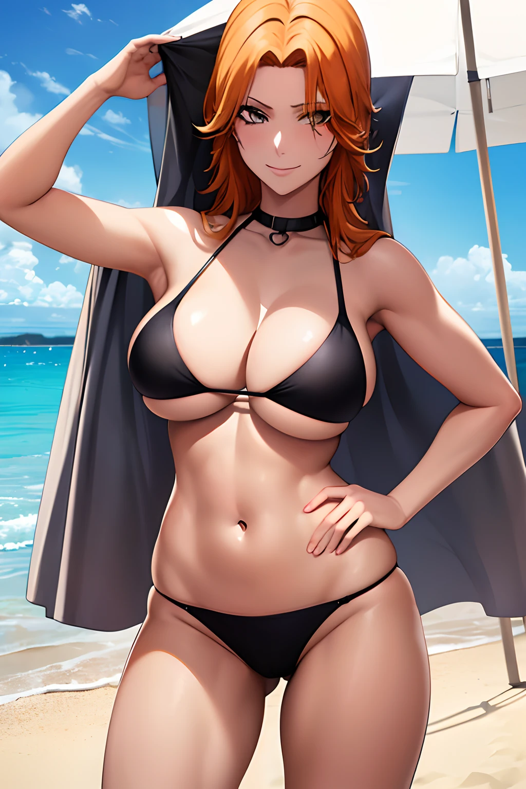 1girl in, Orange hair, Gray eyes, (Black Bikini:1.3), thighs thighs thighs thighs,  Detailed face and eyes, masutepiece, Best Quality, 4K, nffsw,a smile、(the beach:1.3)、cowboy  shot、Naughty big、large full breasts、