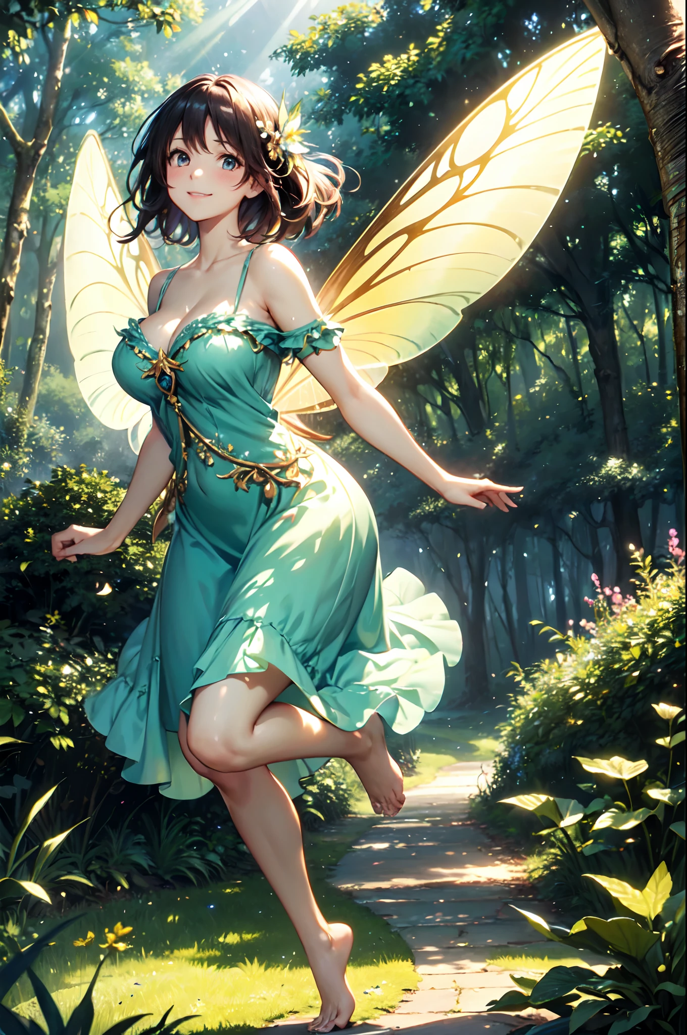 (High quality,High resolution,Fine details),Realistic,(Very large wings),((Jumping)),((Flying)),(Fairy),(floral decorations),Fantasy World,Forest,Sunlight through trees,solo,Adult Woman,Fluttering Hair,Barefoot,sparkling eyes,smile,blush,Large breasts,Sweat,Oily skin,Fantastic,Fog,Soft tones