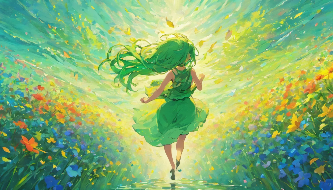 A girl with long green hair is running in a sea of flowers、Faraway view