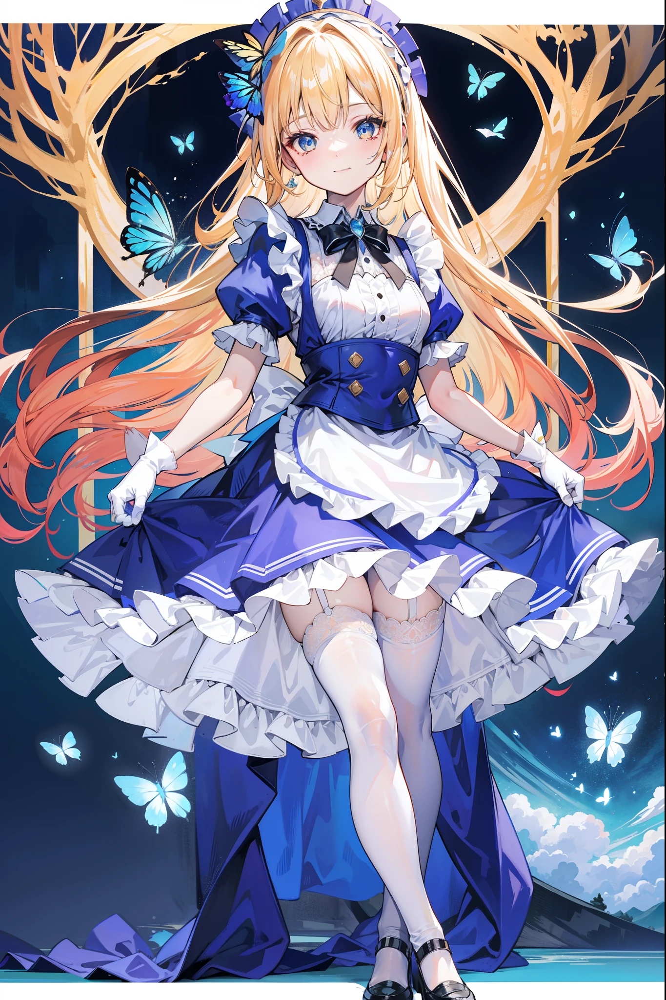 （Alice in Wonderland girl holding iris 2 in her hand），Full body photo，（Hold skirt 2 with both hands），Golden hair，Blue butterfly background，A smile、A delightful!　The shirt、skirt by the、（small tits）aprons、White lace gloves，doress、hair adornments、（maid）、A high resolution, 8K{Extremely detailed 8k CG unit wallpaper},White tights