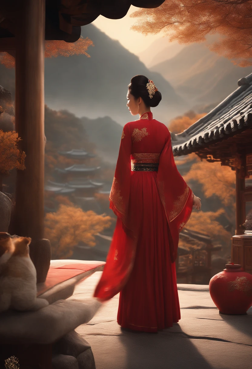 (best quality,4k,8k,highres,masterpiece:1.2),ultra-detailed,(realistic,photorealistic,photo-realistic:1.37),traditional Chinese painting,crimson color scheme,soft lighting,ancient Chinese architecture,folklore,celestial beauty,ethereal atmosphere,full moon,detailed textures,golden glow,peaceful night scene,serene countryside,beautifully illustrated fox spirit,ceremonial posture,snow-covered roof,lush greenery,quiet village,lunar worship,rustic charm,snow-capped mountains,tranquil ambiance,harmonious composition,cultural heritage,mythical creature,vibrant colors,tiled rooftops,traditional lanterns,snowflakes gently falling,delicate brushstrokes,rich cultural symbolism,subtle brushwork,harmony between nature and architecture,moonlit silhouette,hidden secrets,deep sense of spirituality,majestic presence.