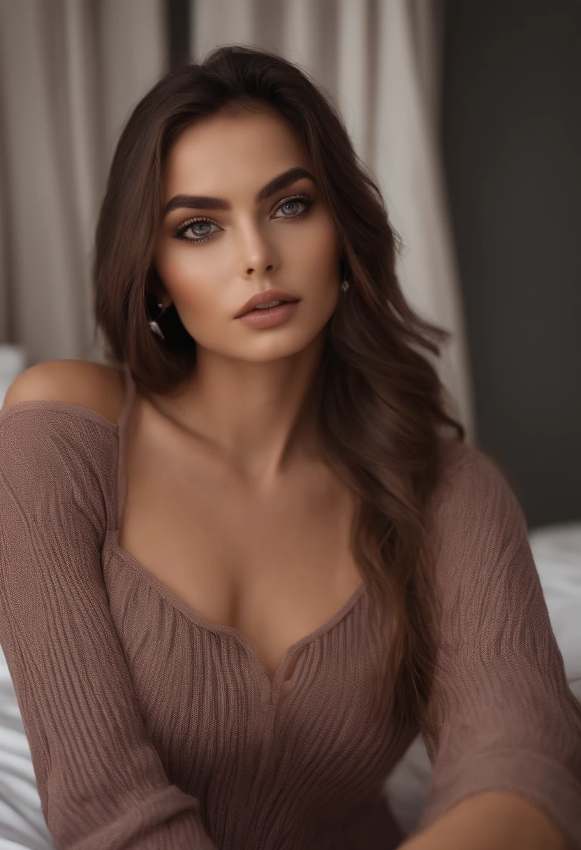 arafed woman fully , sexy girl with blue eyes, ultra realistic, meticulously detailed, portrait sophie mudd, brown hair and large eyes, selfie of a young woman, dubai eyes, violet myers, without makeup, natural makeup, looking directly at the camera, face with artgram, subtle makeup, stunning full body shot kneeling on bed, in hotel medium to large size bust