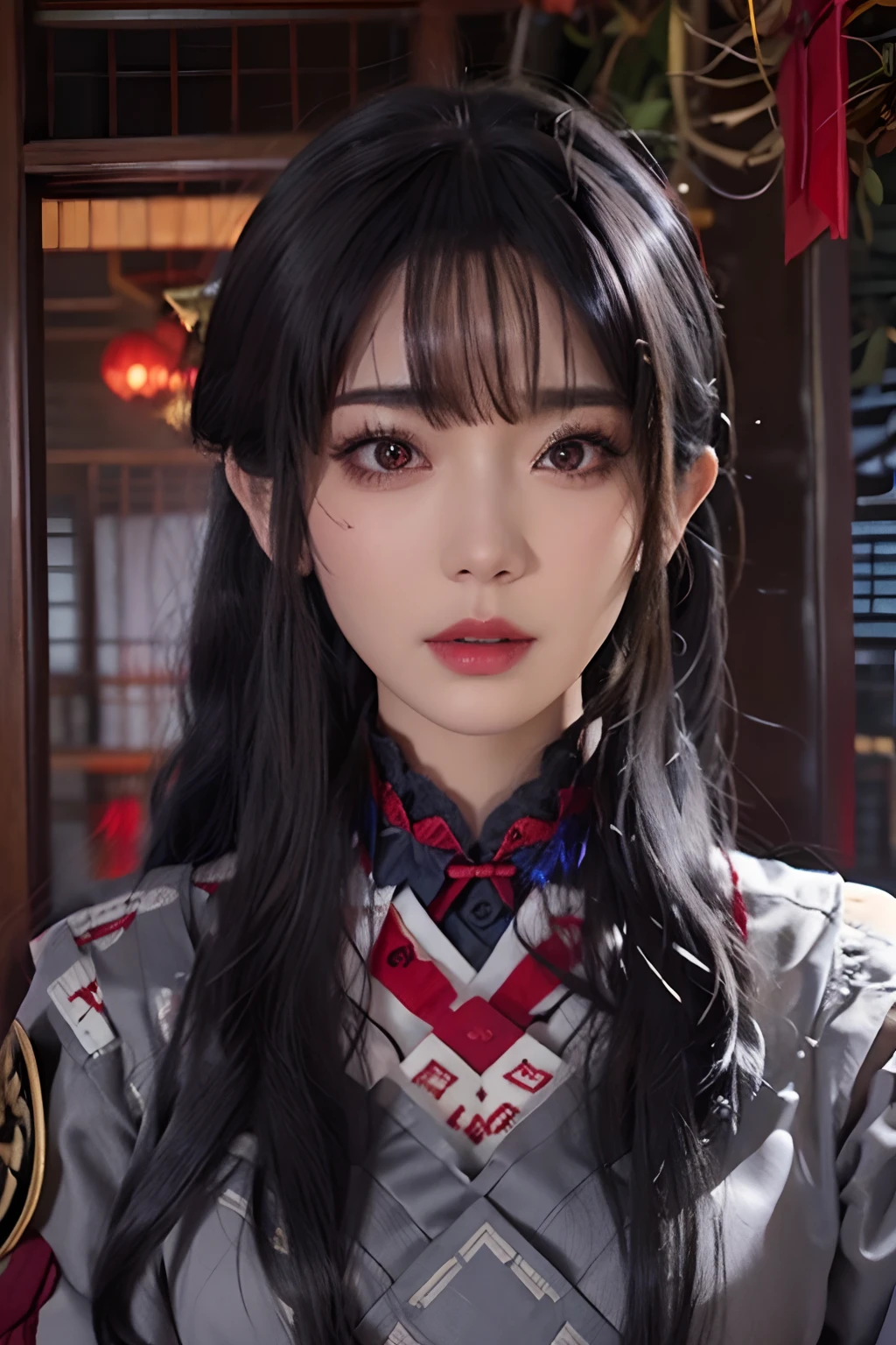 NSFW, masterpiece, best quality, super detailed, semi-realistic, detailed facial features, schoolgirl, gray hair, long hair, red eyes, detailed and intricate xianxia wearing ancient clothes.