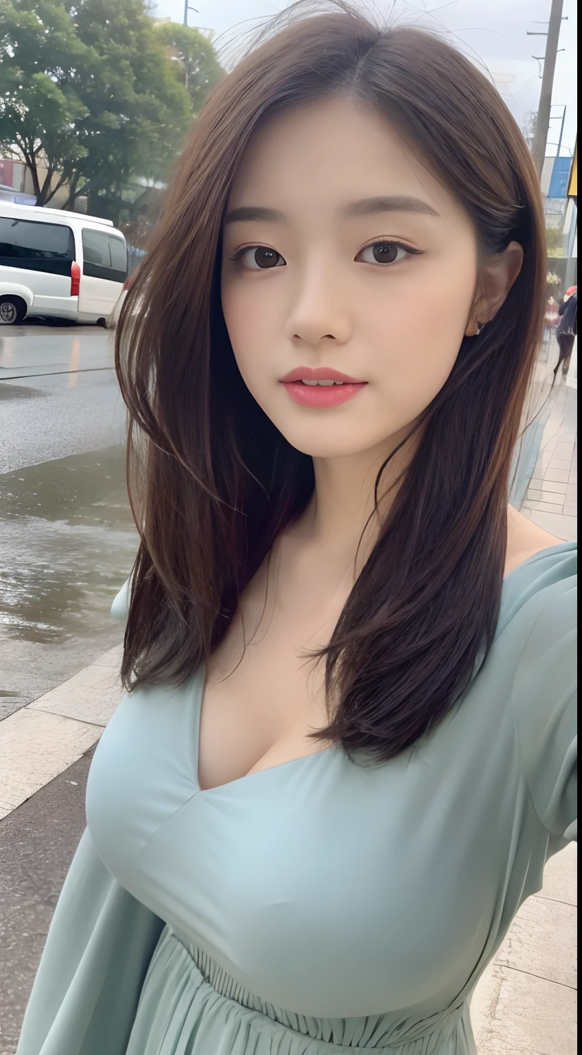 ((Best Quality, 8K, Masterpiece:1.3)), Focus: 1.2, Perfect Body Beauty: 1.4, Buttocks: 1.2, ((Layered Haircut, Breasts: 1.2)), (Wet Clothes: 1.1) , (Rain, Street:1.3), Bandeau Dress: 1.1, Highly Detailed Face and Skin Texture, Delicate Eyes, Double Eyelids, Whitened Skin, Long Hair