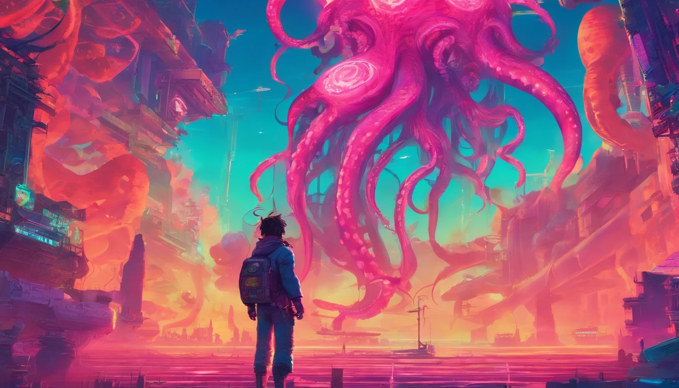 Anime - A stylistic image of a tiny man standing in front of a giant octopus, Huge octopus，A beer bottle，mechanized，Cyberpunk style，Fine details. anime big breast. Anime epic artwork, dreamy psychedelic anime, colorful concept art, emotional concept art, Beeple e James Jean, anime visuals, artgem and beeple masterpiece, Anime art wallpaper 4 K