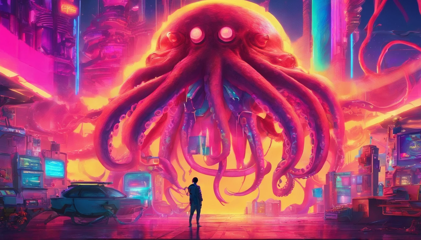Anime - A stylistic image of a tiny man standing in front of a giant octopus, Huge octopus,A beer bottle,mechanized,Cyberpunk style,Fine details. anime big breast. Anime epic artwork, dreamy psychedelic anime, colorful concept art, emotional concept art, Beeple e James Jean, anime visuals, artgem and beeple masterpiece, Anime art wallpaper 4 K