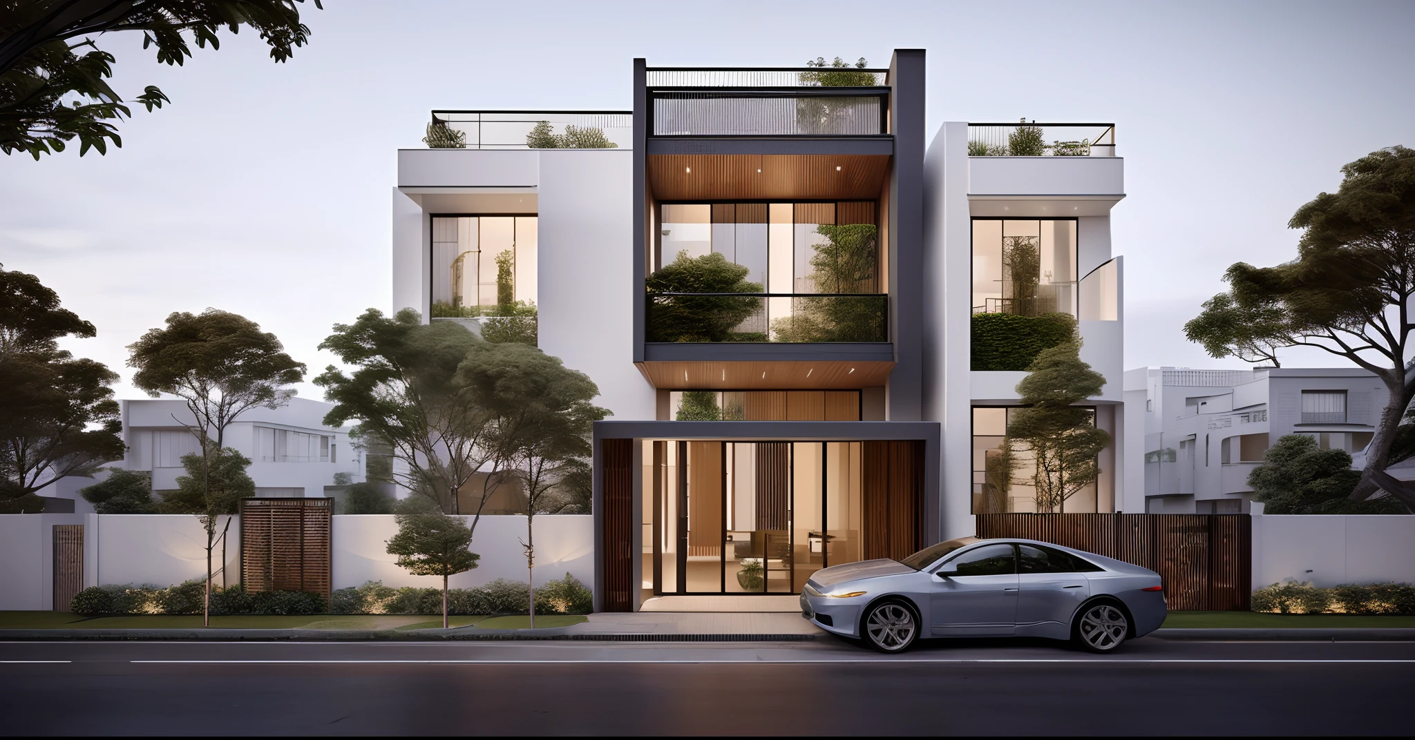 rendering of a modern residential townhouse, professional render, wide angle exterior 2023, highly detailed render, high quality rendering, realistic render, architectural render, high-quality render, detailed rendering, hyper-realistic render, hyper - realistic render, very realistic 3 d render, high render, realistic rendering, very realistic render