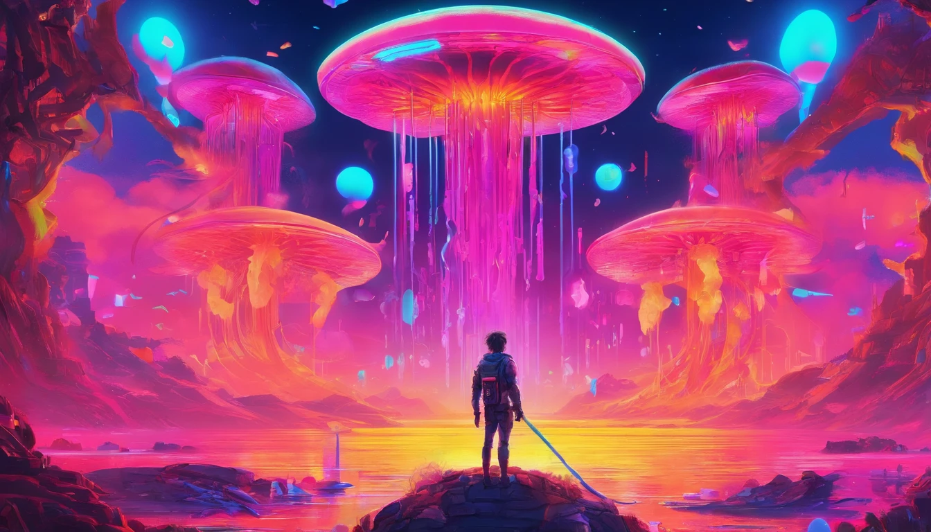 Anime - Stylized image of a tiny man standing in front of a giant jellyfish, Giant jellyfish，A beer bottle，mechanized，Cyberpunk style，Fine details. anime big breast. Anime epic artwork, dreamy psychedelic anime, colorful concept art, emotional concept art, Beeple e James Jean, anime visuals, artgem and beeple masterpiece, Anime art wallpaper 4 K