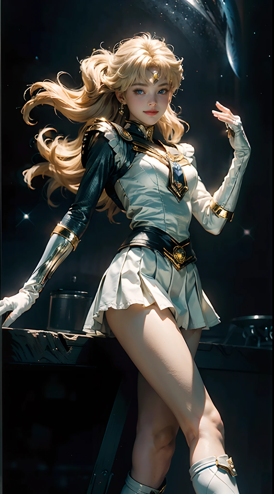 (Extreme detail CG Unity 8K wallpaper, masterpiece, highest quality), (exquisite lighting and shadow, highly dramatic picture, cinematic lens effect), (Sailor Moon: 1.1), charming smile, double tail, blue eyes, blond hair, tight top, white gloves, mini skirt, dynamic pose), the background is the universe (excellent detail, excellent lighting, wide angle), (excellent rendering, enough to stand out in its class),