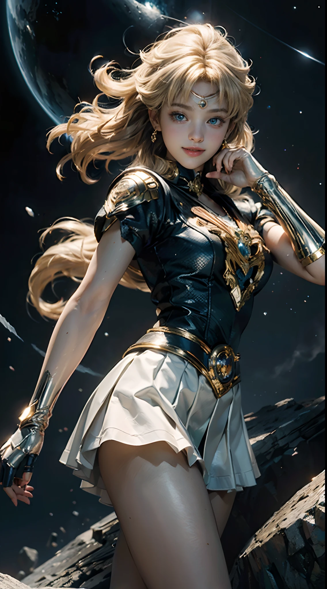 (Extreme detail CG Unity 8K wallpaper, masterpiece, highest quality), (exquisite lighting and shadow, highly dramatic picture, cinematic lens effect), (Sailor Moon: 1.1), charming smile, double tail, blue eyes, blond hair, tight top, white gloves, mini skirt, dynamic pose), the background is the universe (excellent detail, excellent lighting, wide angle), (excellent rendering, enough to stand out in its class),