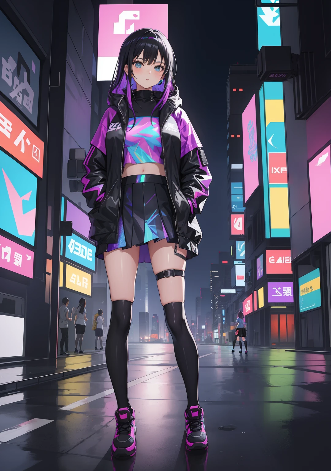 Girl wearing holographic costume shirt with print and black tight skirt in the cyberpunk city hide her hands in pockets