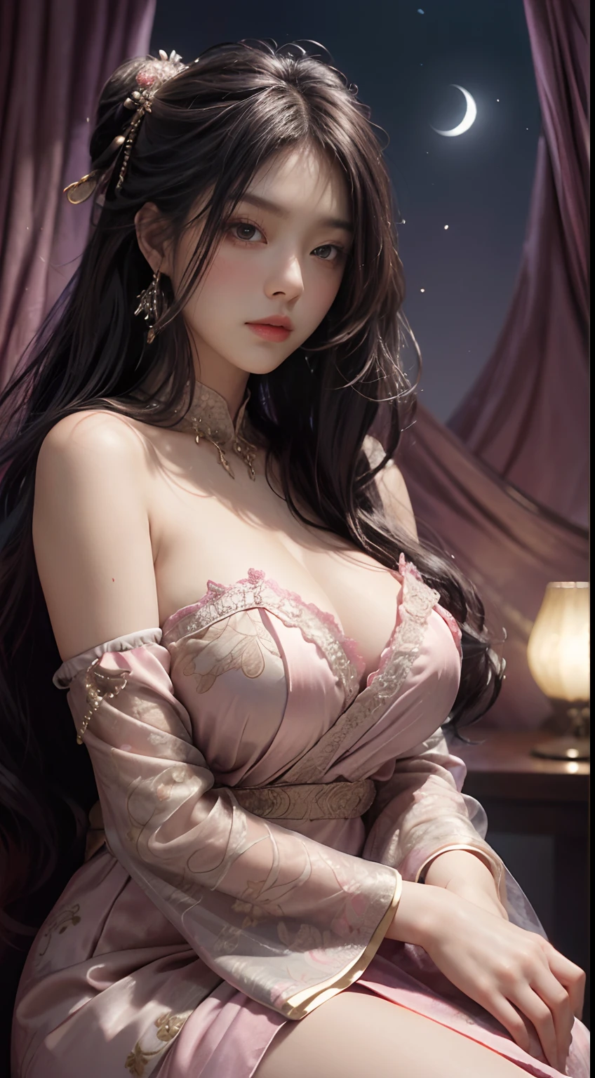 The art depicts a charming woman dressed in a flowing, silky traditional oriental dress, pink, decorated with intricate patterns and bright colors. Her dress drapes elegantly over her curvy figure, accentuating her seductive silhouette. She stood gracefully in the quiet moonlit night, bathed in the soft glow of the moonlight. The scene exudes an ethereal and dreamy atmosphere, with a touch of mystery and sexiness. The graphic style blends watercolor and digital illustration techniques to evoke a refined beauty and charm. The lights are filled with soft moonlight, casting soft highlights and shadows on her charming features. Bare thighs, big breasts, three-dimensional facial features, sitting, upturned legs, clear eyes
