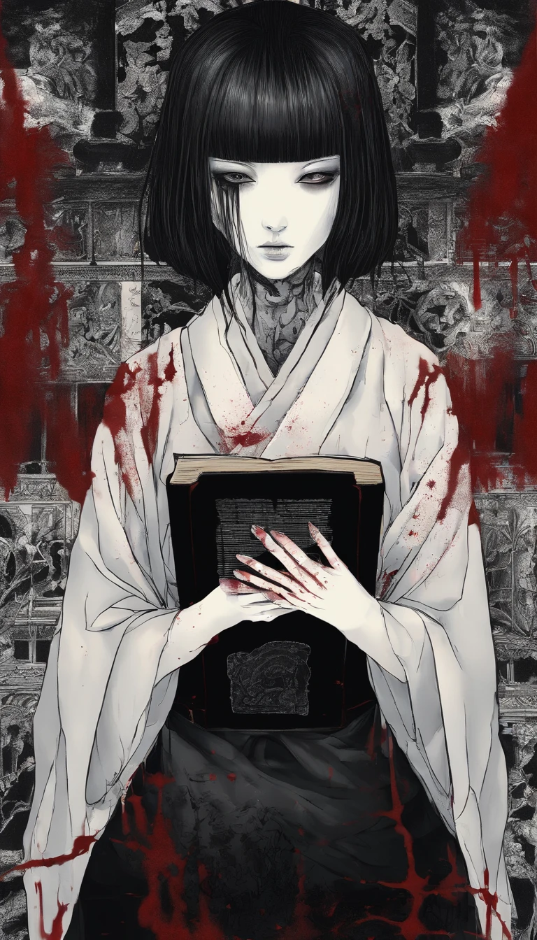 15 year old Japanese girl,Black hair and black eyes,in a kimono、short cut、Having a book、blood all around, cute face girl, Smile, Bleeding eyes, Bleeding from the nose and mouth, Evil smile
