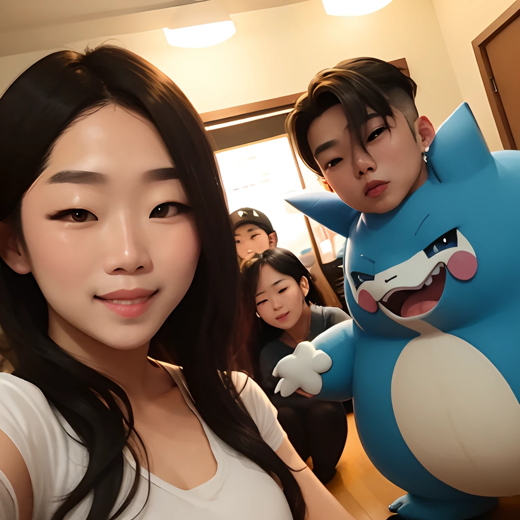 An selca of p1harmony‘s choi taeyang looking like ash from Pokémon with snorlax in the background