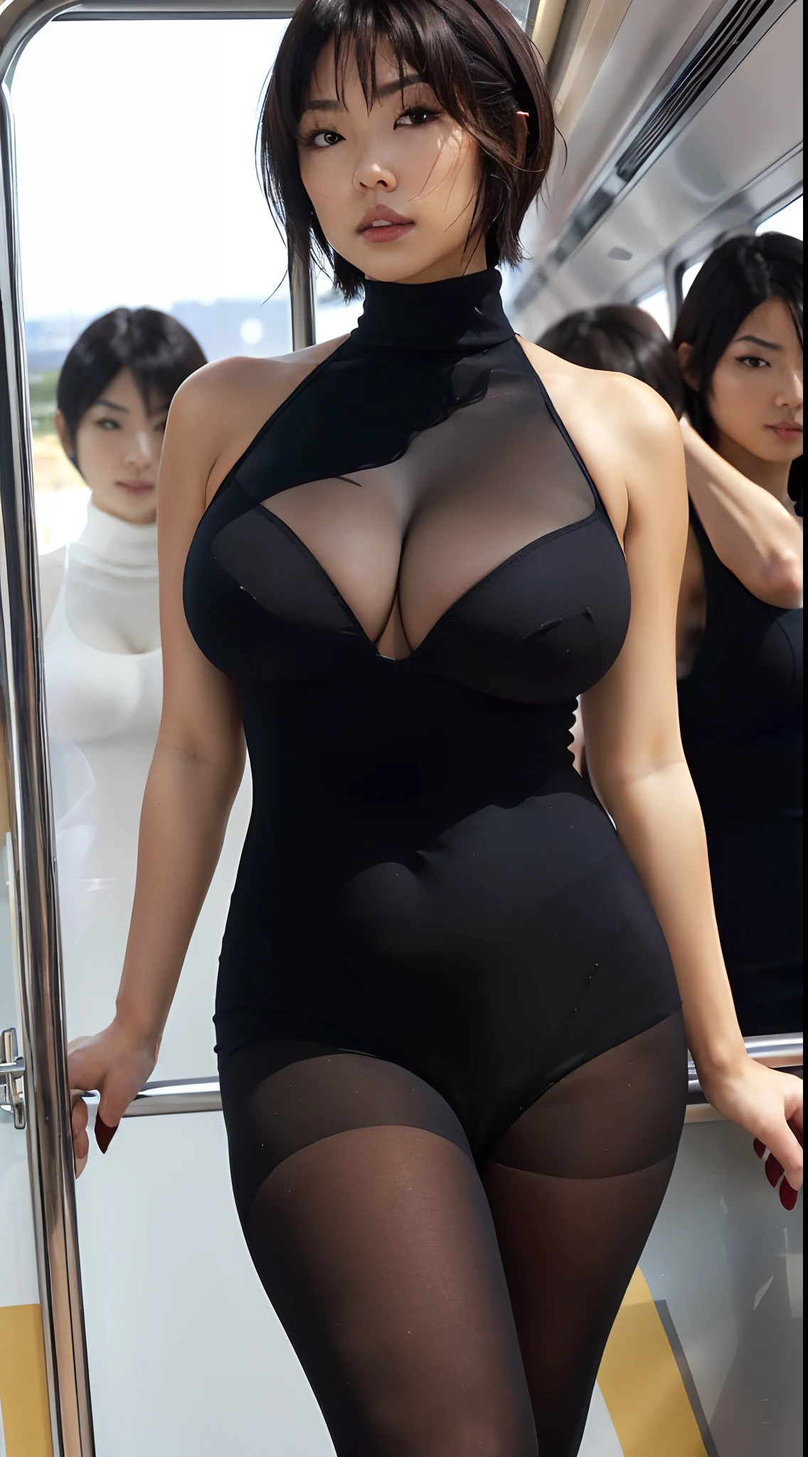 in 8K、超A high resolution、The ultra -The high-definition、An ultra-high picture quality、Ultrarealistic、Best Quality、masuter piece)(a Pretty Japanese woman、Black Hair Shortcut Hair:1.1)(Big that hide all breasts、Pretty big breasts、toned body:1.18)(White Sleeveless Turtleneck Dress、high-heels、Hide all breasts:1.3)(Open your legs quite wide to the sides、Walking around the city:1.18)(Black See-Through Shinypantyhose)(On a train with quite a lot of people:1.2)